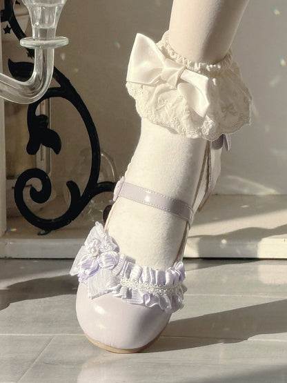 PU Purple Sweet Lolita Mary Janes - Sakura Accents with Floral Buckle & Ruffle Trim