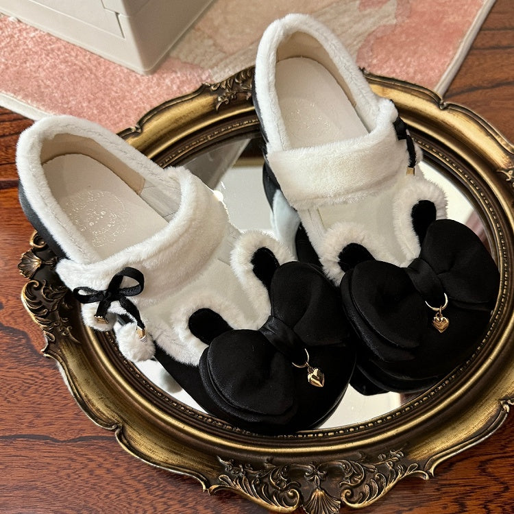 Black Sweet Lolita Heart Charm Plush Bunny Ear Bow at Top Round Toe Shoes