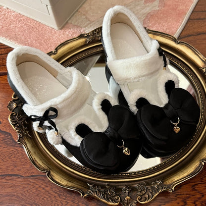 Black Sweet Lolita Heart Charm Plush Bunny Ear Bow at Top Round Toe Shoes