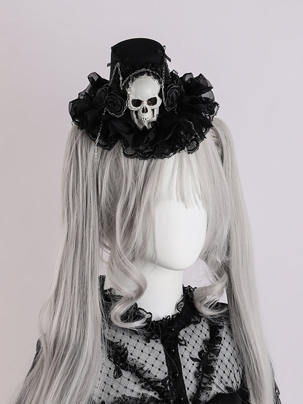 Black Floral Design Gothic Halloween Skeleton Mini Hat with Chains