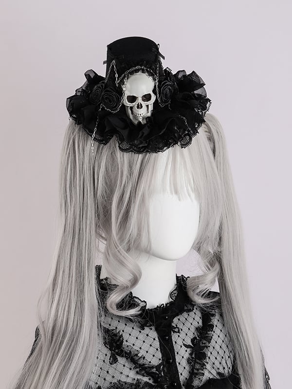 Black Floral Design Gothic Halloween Skeleton Mini Hat with Chains