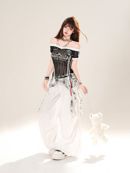 Black/White Off-the-shoulder Neckline Semi-sheer Lace T-shirt