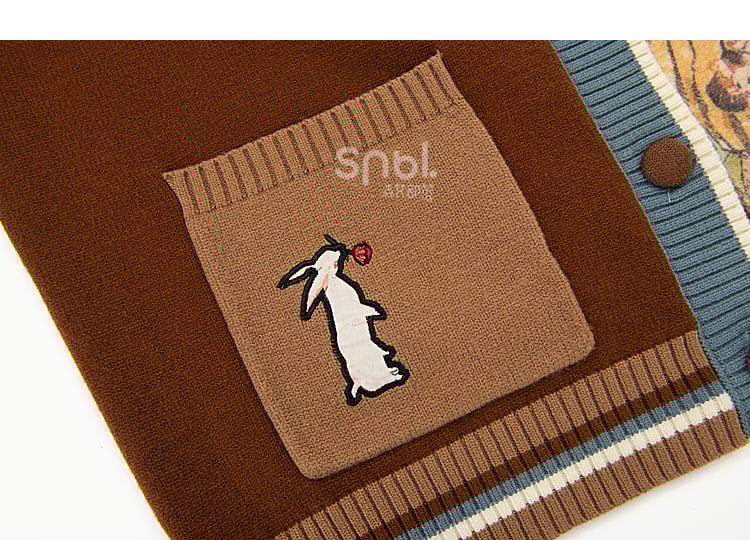 Daisies and Bunny Embroidery Brown Cardigan