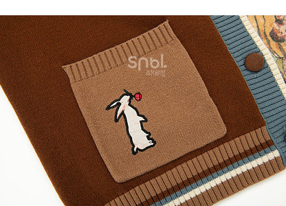 Daisies and Bunny Embroidery Brown Cardigan