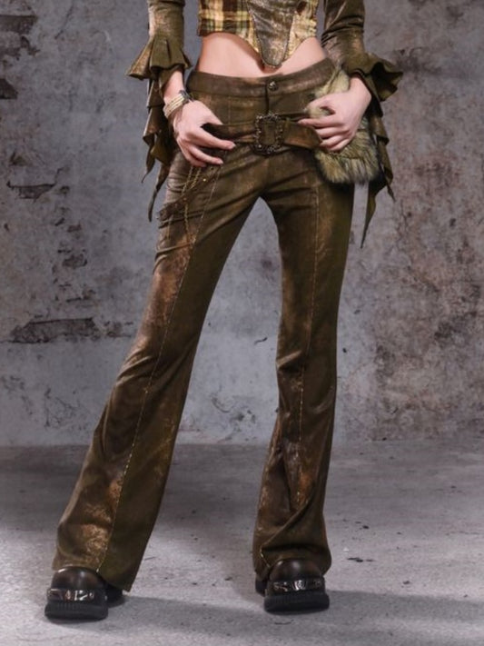 Green Low-Waist Buckle Flared Pants with Plush Waist Bag