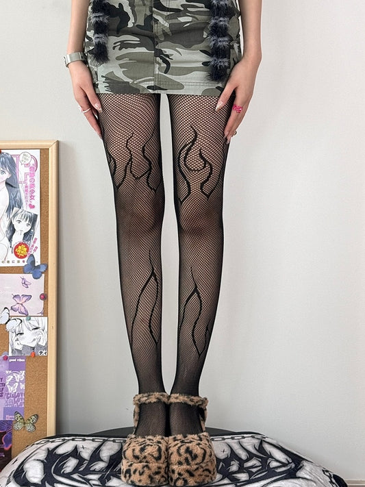 Black/Red Y2K Fire Pattern Tights