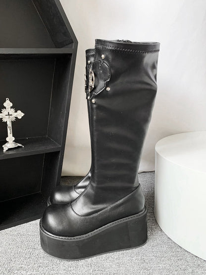Heart Design Silver-tone Studs Black Punk Boots