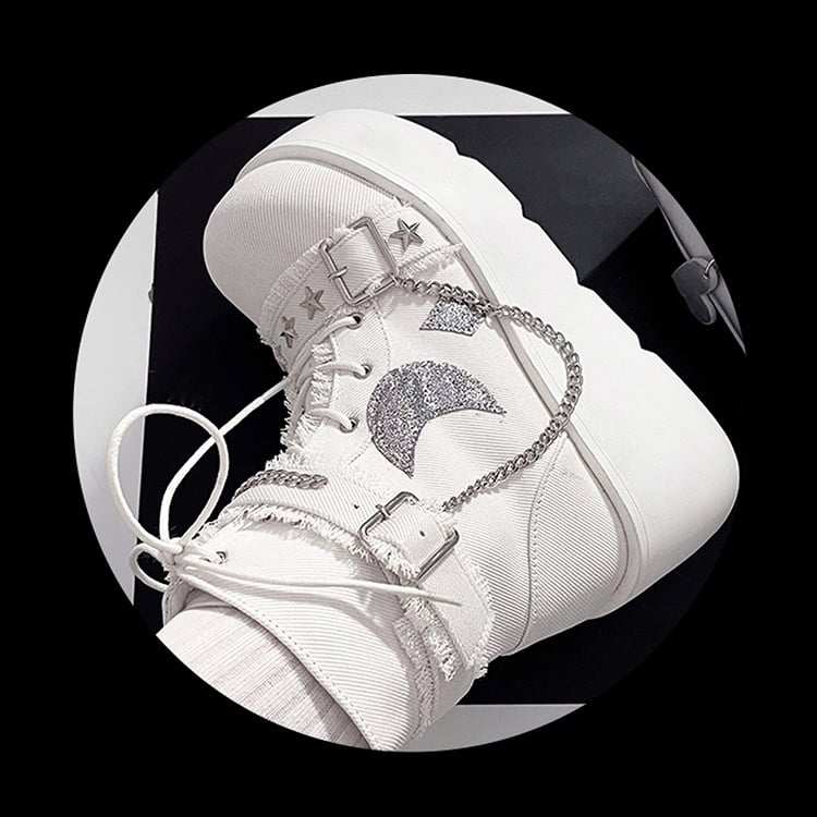 White Moon Applique Buckle Ankle Strap Platform Boots
