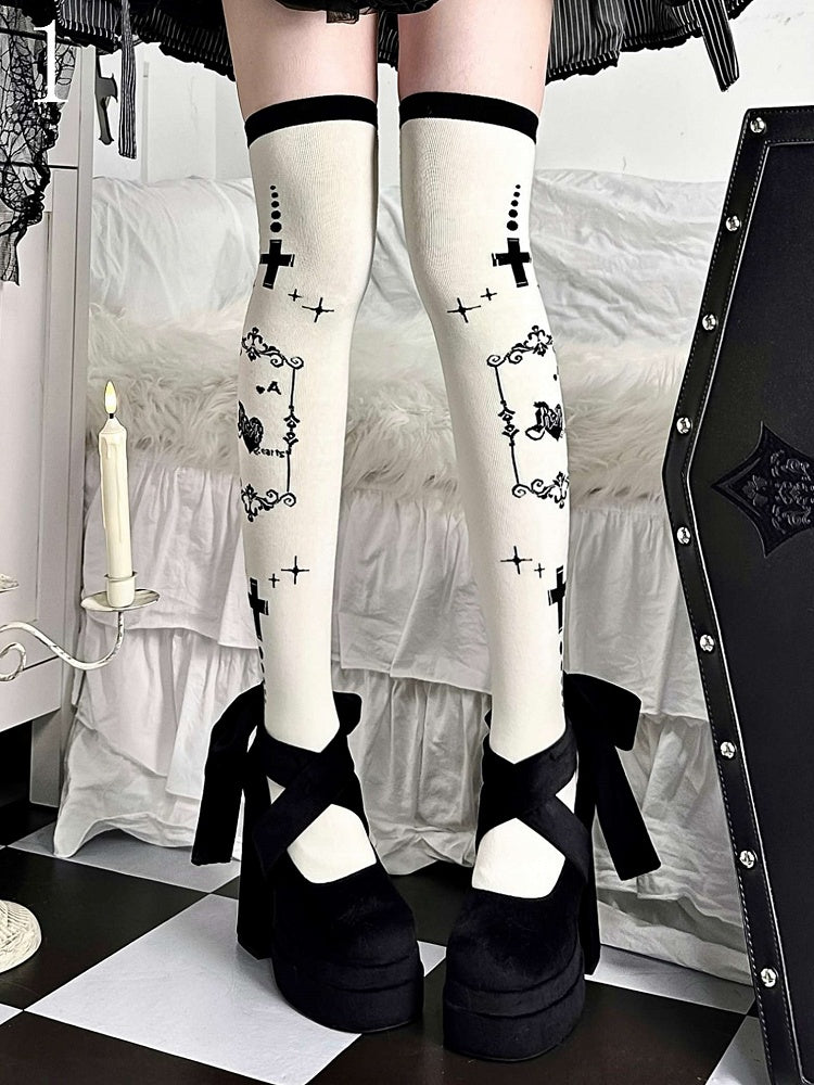 Black Cross Poker/Ace of Spades Butterfly Print Over-knee Stockings
