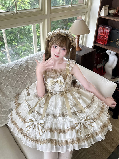 White Bead Chain Bows Decorated Tiered Skirt Princess Lolita Dress