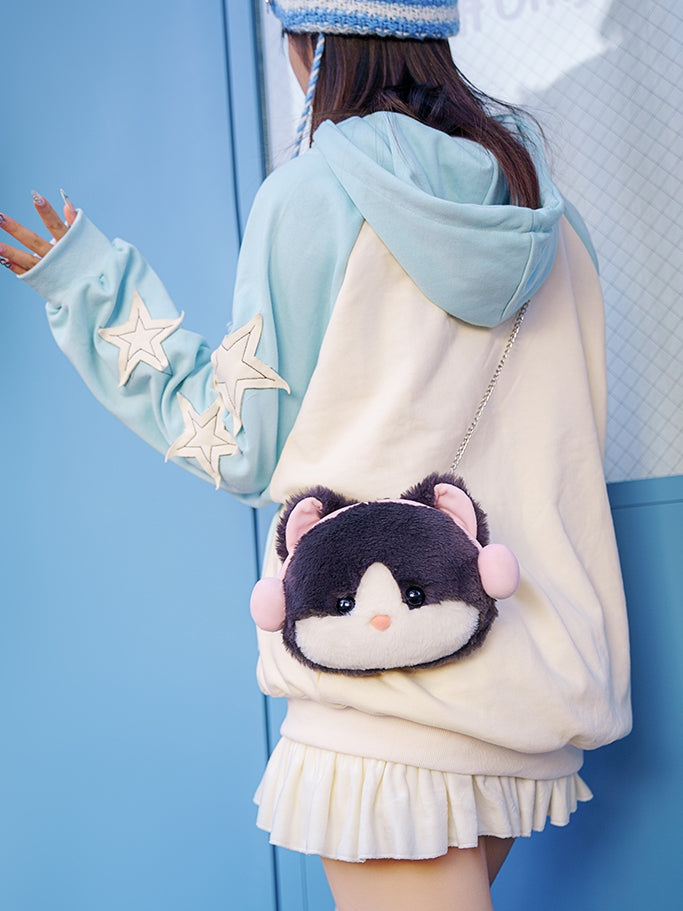 Pink&Gray Plush Letter And Heart Embroidery Backpack With A Detachable Kitty Plushie