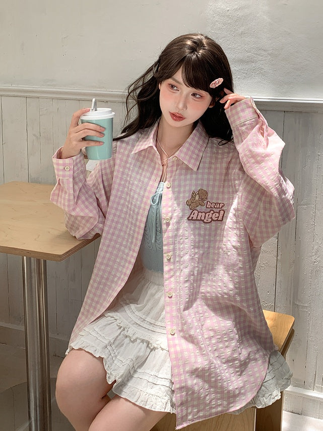 Adorable Bear Embroidery Pink Loose Plaid Shirt