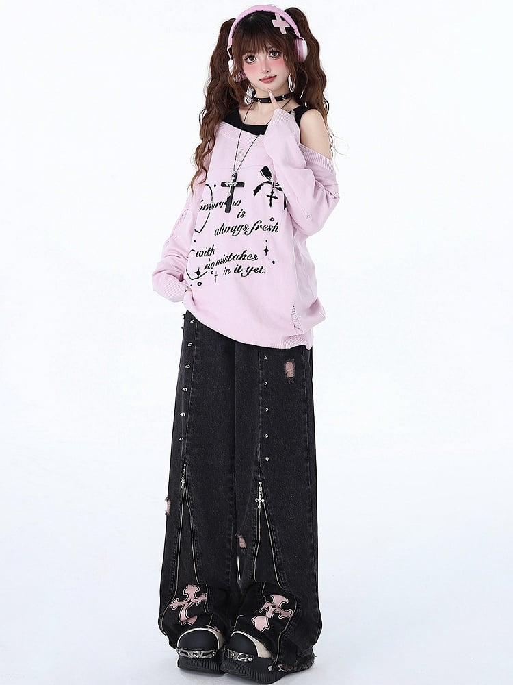 Studs Detail Black Punk Zips Design High Waist Jeans