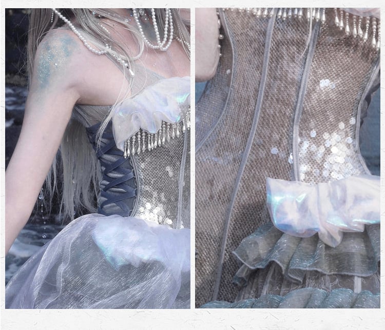 Birdcage Design Hem Shiny Sequins Boning Corset Dress + Jellyfish Overlay