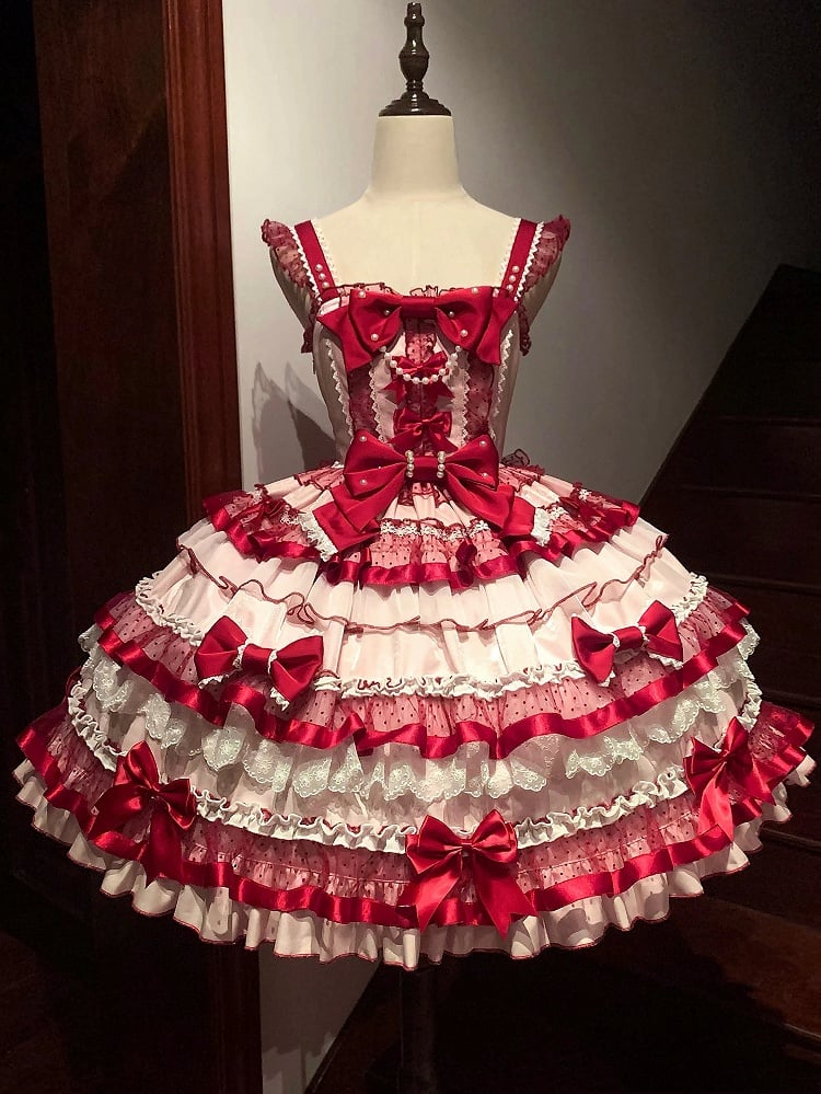 Clearance-Size M for Bust 86-91CM Pink and Red Sweet Bows Decorated Tiered Ruffles Skirt Old School Lolita Dress