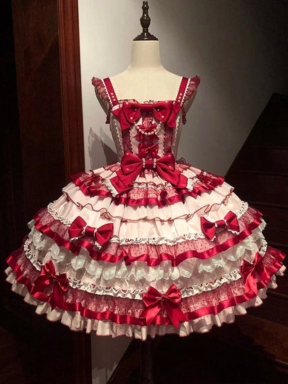 Clearance-Size M for Bust 86-91CM Pink and Red Sweet Bows Decorated Tiered Ruffles Skirt Old School Lolita Dress
