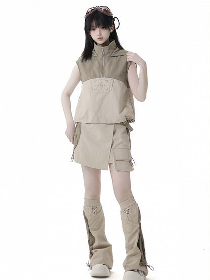 Khaki Colorblock Design Drawstring Hem Techwear Hooded Tank Top