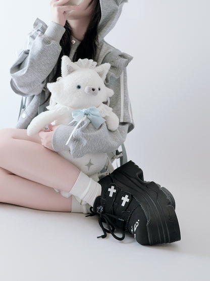 Yami Kawaii Matte Black Cross Velcro Strap Kitty Ears Design Platform Shoes
