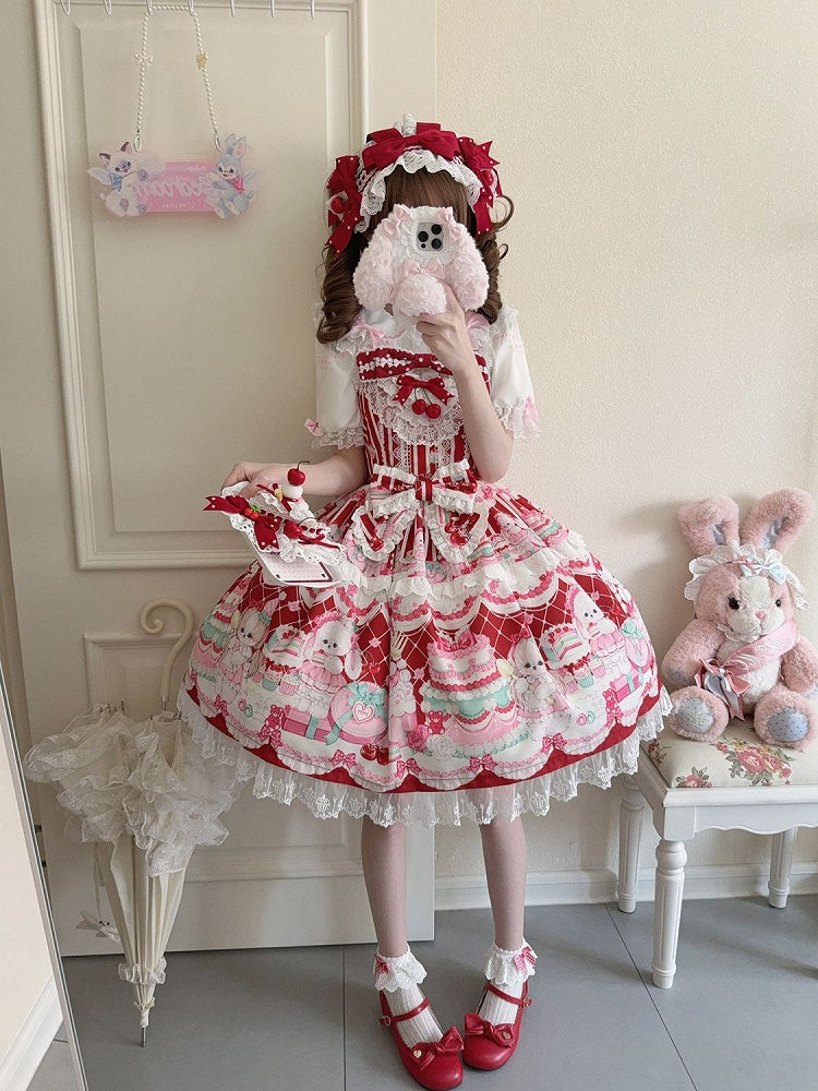 Bunny and Cherry Print Red Sweet Lolita Dress Jumper Skirt