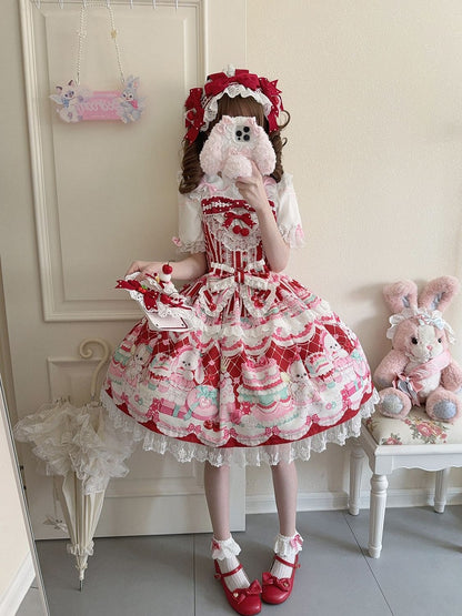 Bunny and Cherry Print Red Sweet Lolita Dress Jumper Skirt