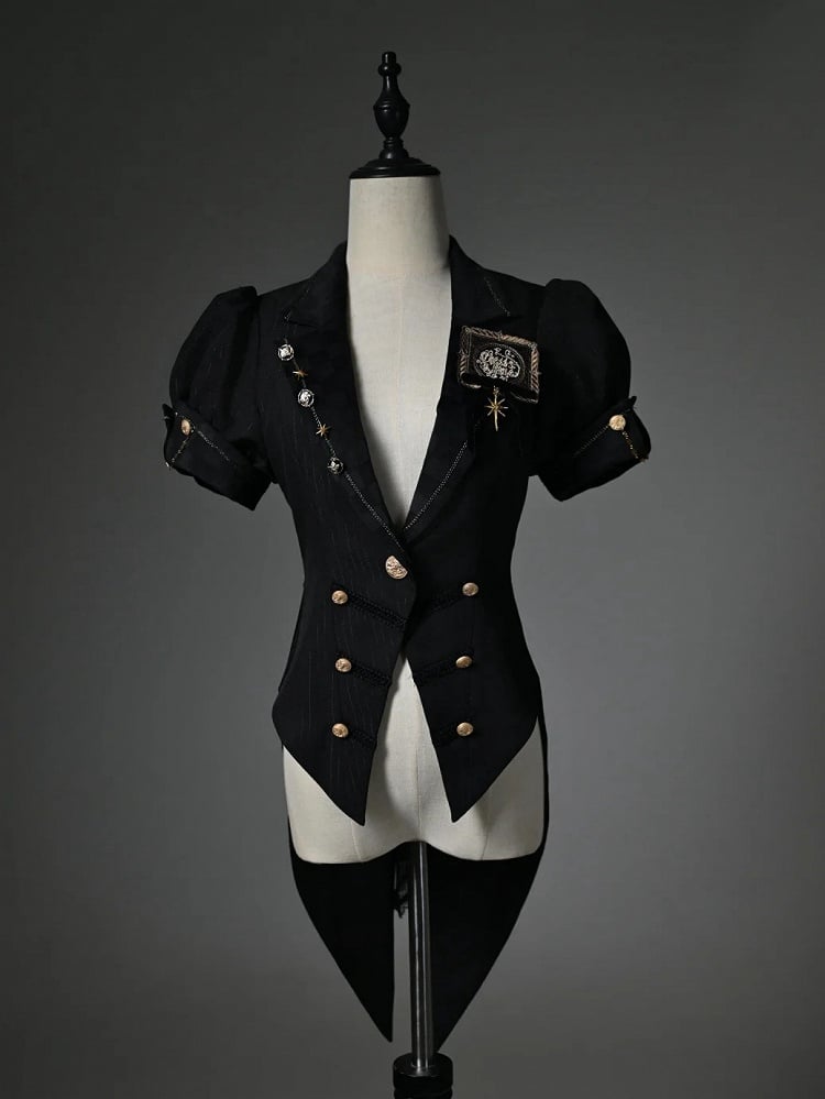 Black Blazer Collar Short Puff Sleeves Split-Tail Top