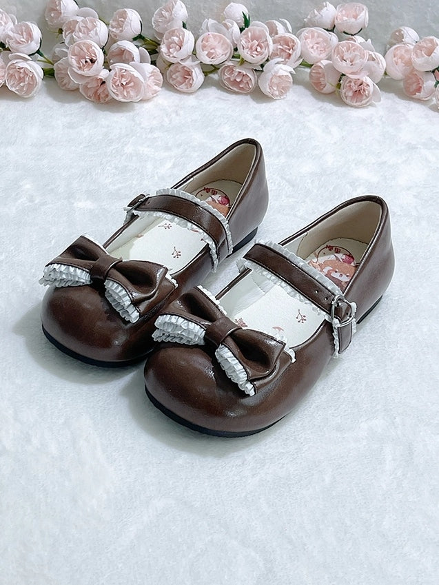 Sweet Lolita Round Toe Mary Janes - Low Heel with Ruffle Trim, Heart Buckle & Bow Accents