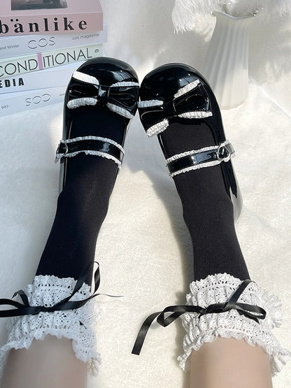 Round Toe Sweet Black Low-heel Shoes - Ruffles Trim, Heart Buckle & Bow at Top