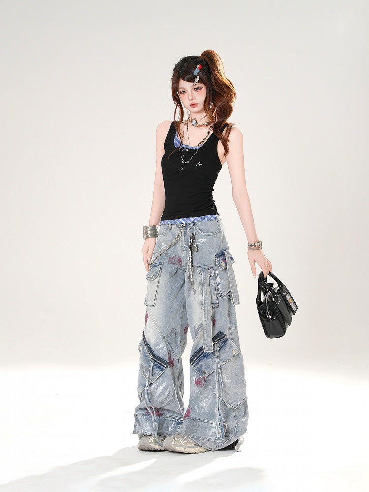 Black and Blue Plaid Faux Two-pieces Slim-fitting Tank Top