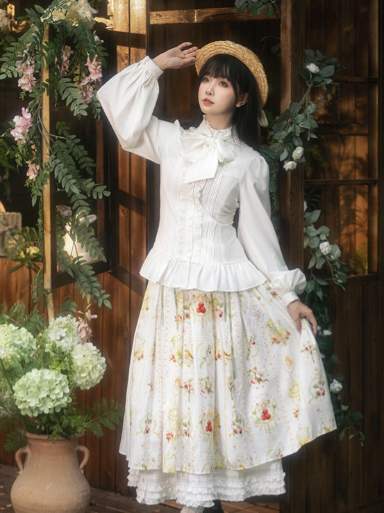 White Long Sleeves Lolita Blouse with Lace-Up Back and Ruffled Details