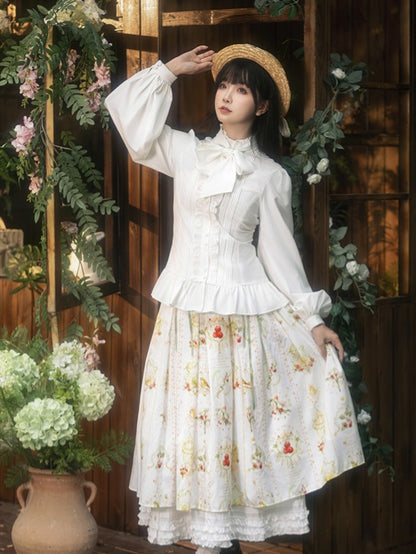 White Long Sleeves Lolita Blouse with Lace-Up Back and Ruffled Details