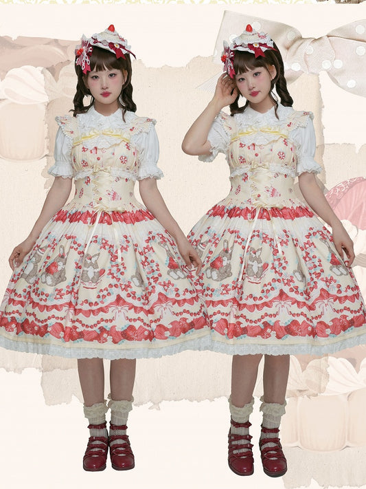 Strawberry and Bunny Print Lace-up Front Yellow Cottagecore Country Lolita Dress Flutter Sleeves Jumper Skirt