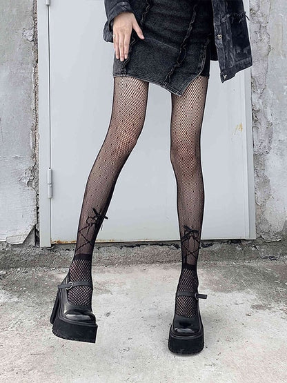 Bowknot Details Black/White Punk Fishnet Tights