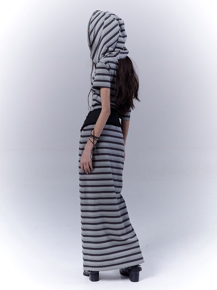 Gray and Green Cutout Shoulder Wasteland Punk Hooded Striped Dress with Buckle Belt