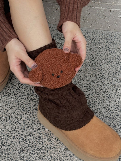 White/Khaki/Light Grey/Coffee Knitted Leg Warmers With Puppy Plushie