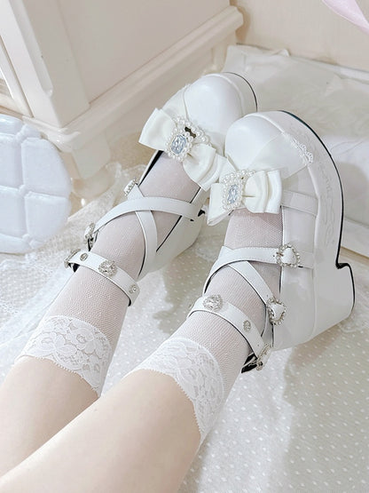 Jirai Kei Matte White Beaded And Rhinestone Decorated Bow at Top Platform High Block Heels