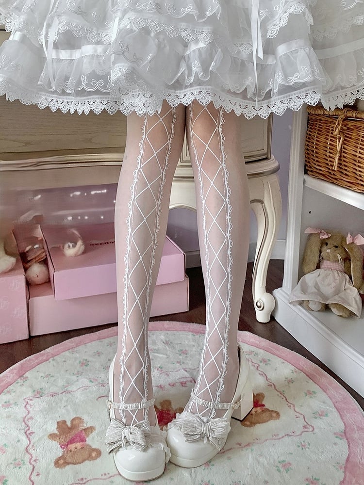 White Crisscorss Banded Print Sweet Lolita Tights