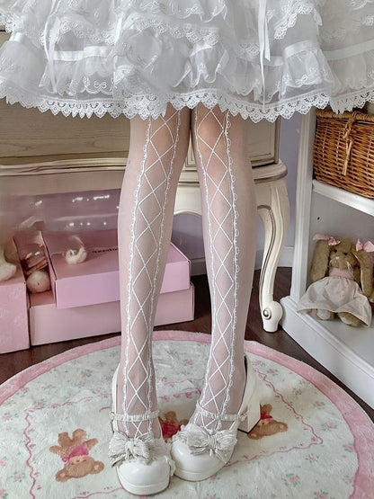 White Crisscorss Banded Print Sweet Lolita Tights