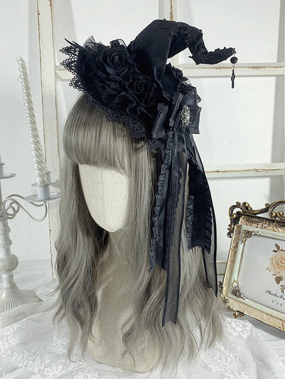 Cross Charm Gothic Black Floral Design Halloween Rhinestoned Bowknot Witch Hat