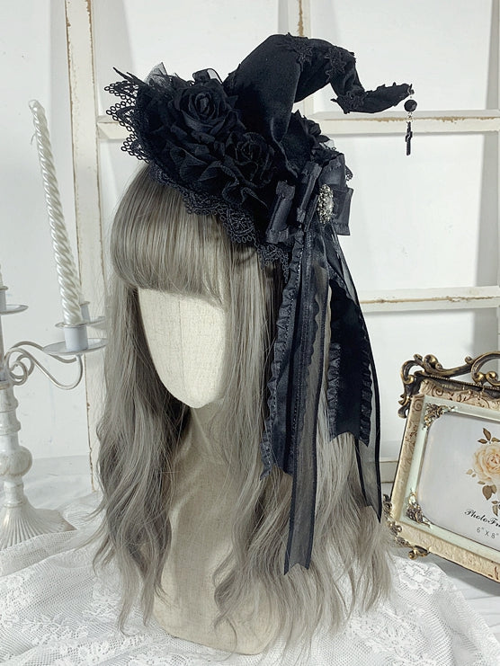 Cross Charm Gothic Black Floral Design Halloween Rhinestoned Bowknot Witch Hat