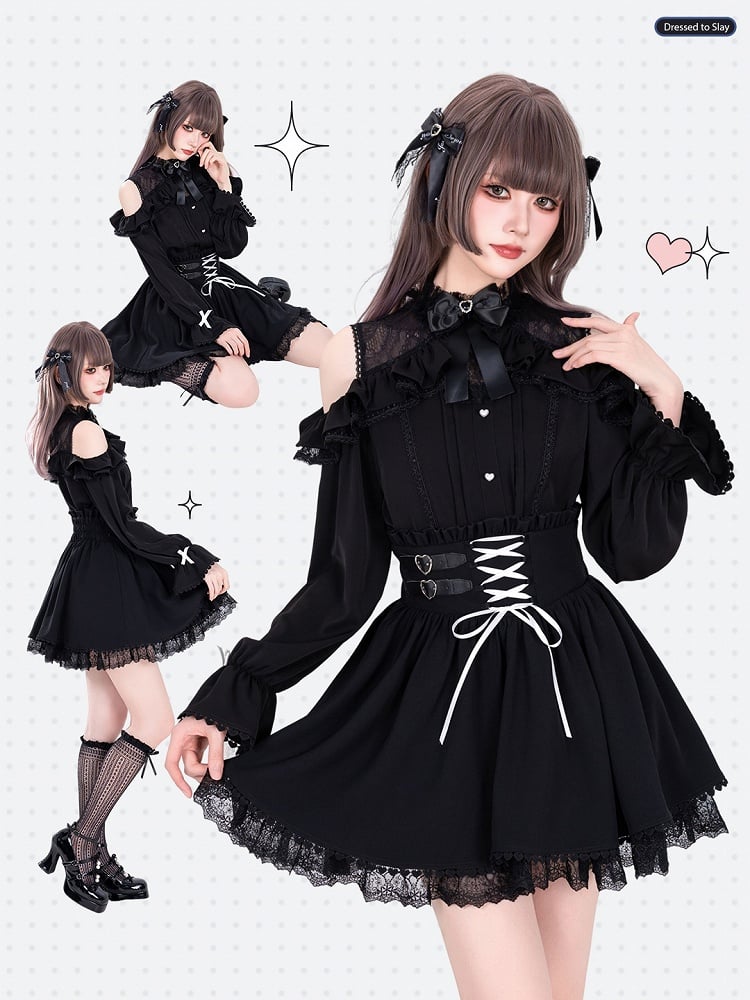 Jirai Kei High Waist Black Skirt Shirring Back Lace-up Front