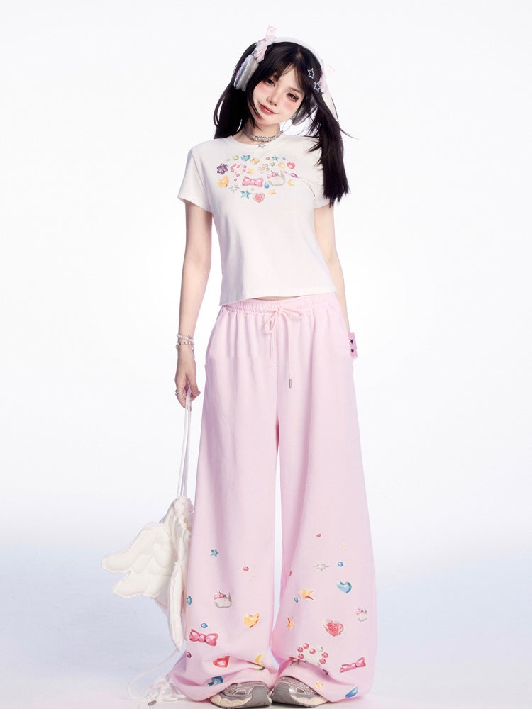 Adorable Print White Round Neck Slim Fit T-shirt