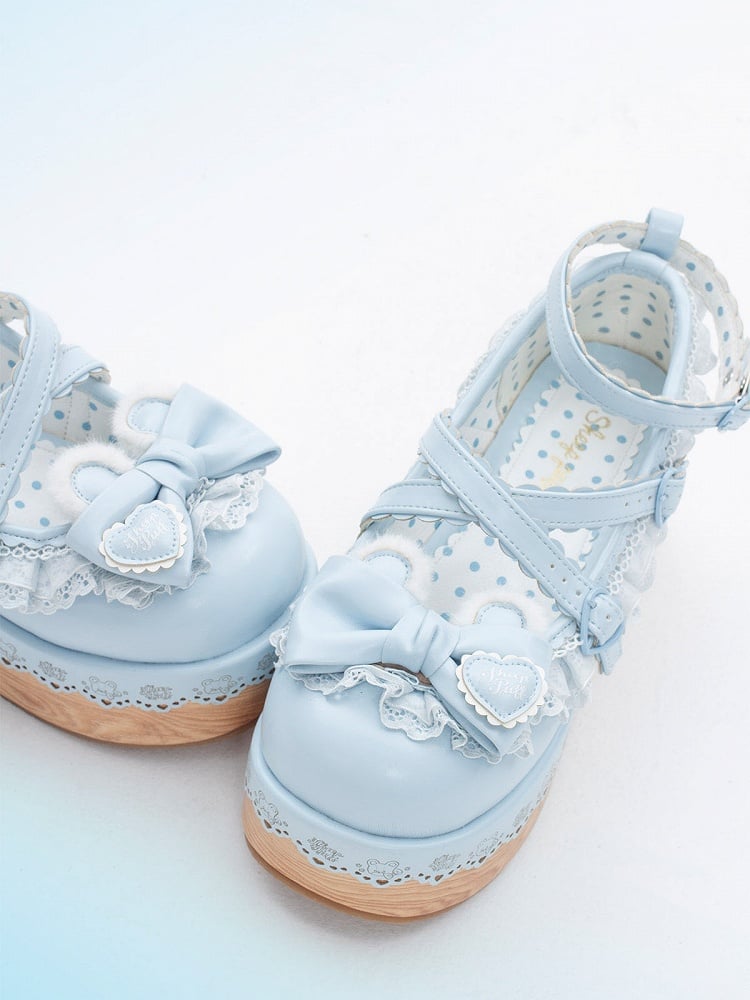 Blue Crisscross Design Bunny Ear Bow at Top Lace Trim Platforms