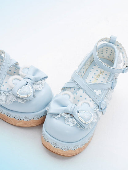Blue Crisscross Design Bunny Ear Bow at Top Lace Trim Platforms