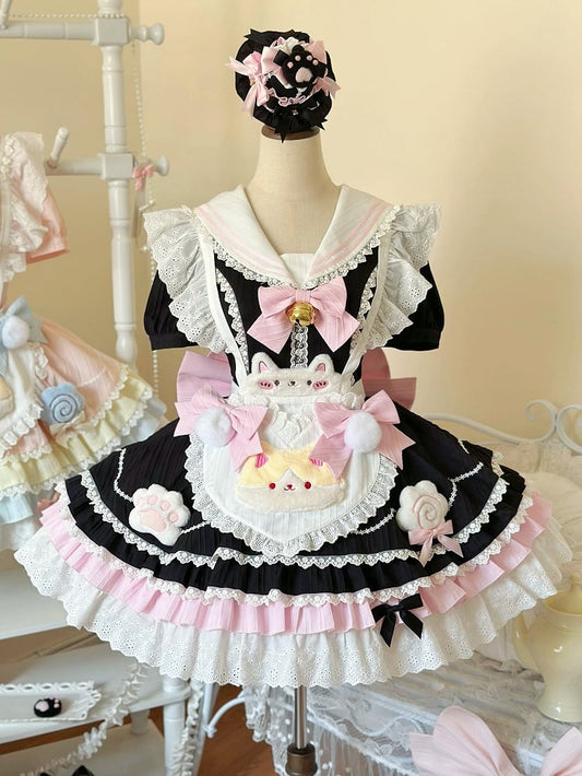Black and Pink Sailor Collar Sweet Kitty Maid Lolita Dress with Heart Apron
