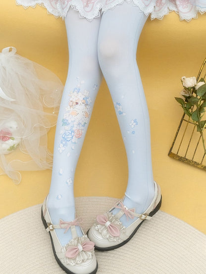 Purple/Blue Kitty Floral Print Tights