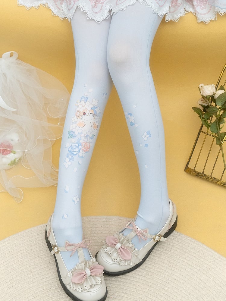 Purple/Blue Kitty Floral Print Tights