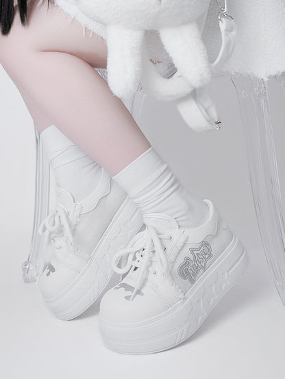 Letter Print, Raw Hem Details & Secure Lace Closure White Platforms in Otaku Style