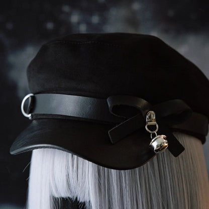 Black Gothic Bell Charm Bowknot Decorated Buckle Design Beret Hat