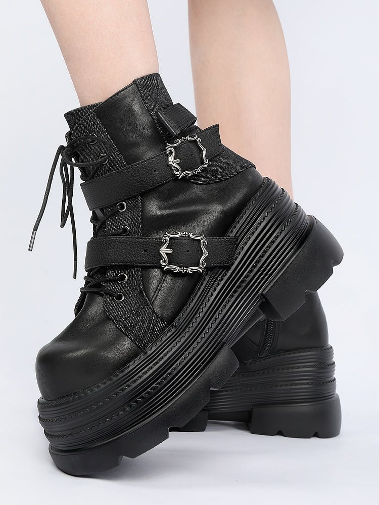 Punk Rock Black Platform Ankle Boots with Inner Zipper, Buckle Straps & Lace-Up Design