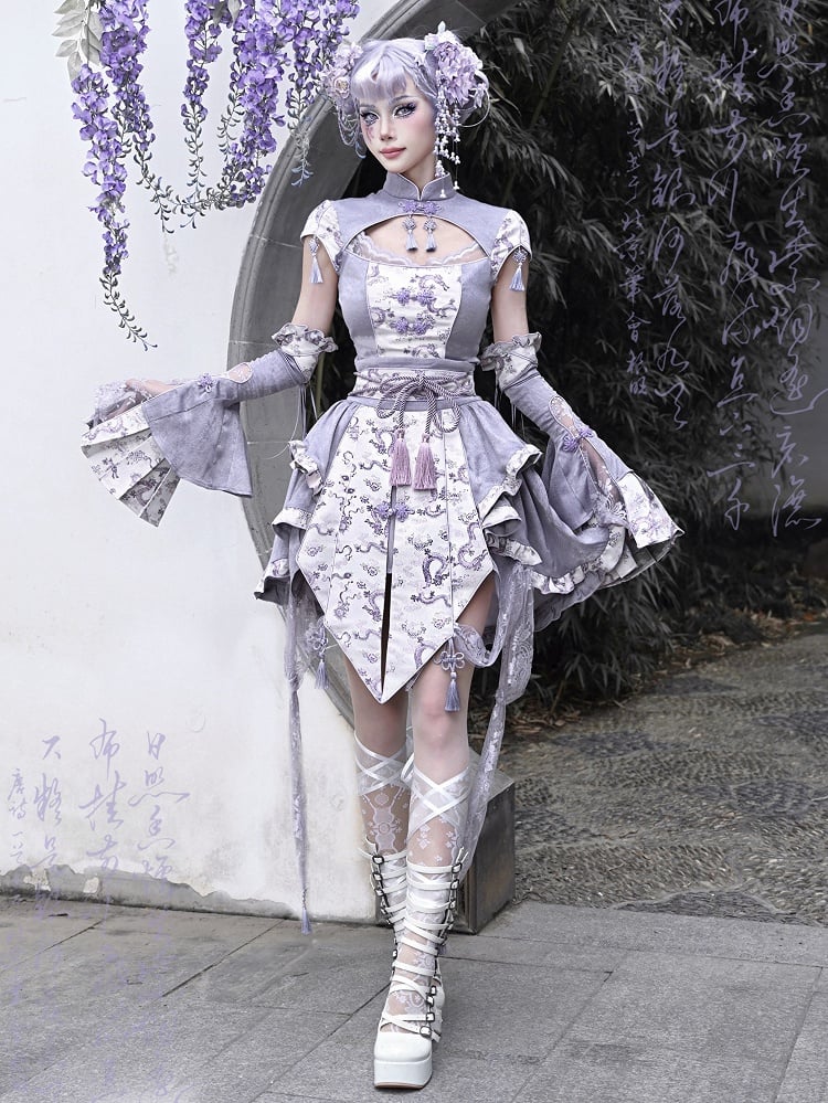 Purple Corset Belt Waist Irregular Layered Skirt Chinoiserie Knot Button and Tassels